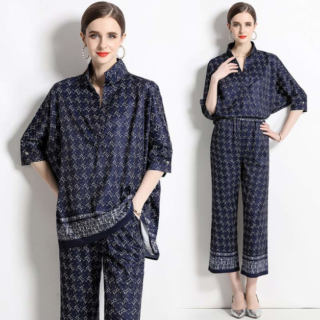 歐洲時尚寬鬆大輪廓襯衫+定位印花寬褲套裝