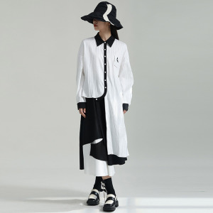 暗黑風不規則中長版襯衫單排扣撞色襯衣外穿