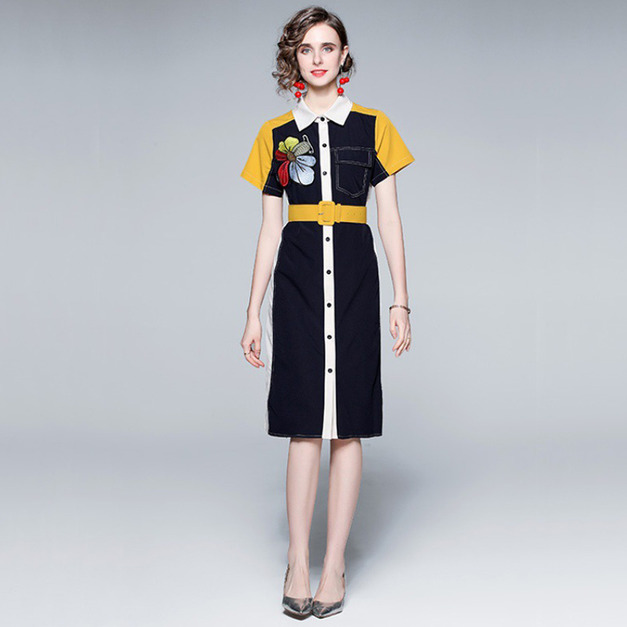 歐洲法式收腰顯瘦小眾設計感拼色印花刺繡襯衫裙