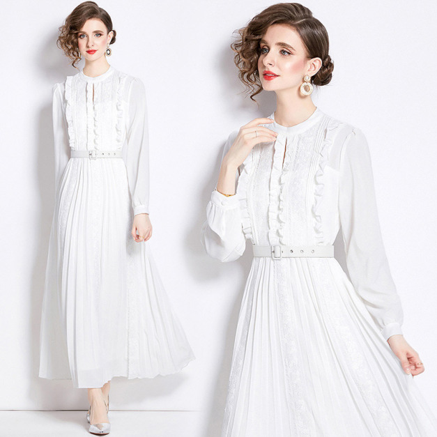 法式立領蝴蝶結百褶泡泡袖高腰中長版洋裝