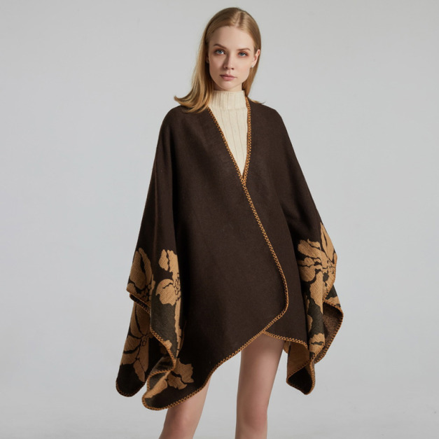 歐美時尚加厚大披肩復古大花朵雙面仿羊絨斗篷