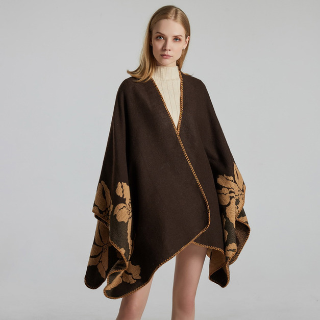 歐美時尚加厚大披肩復古大花朵雙面仿羊絨斗篷