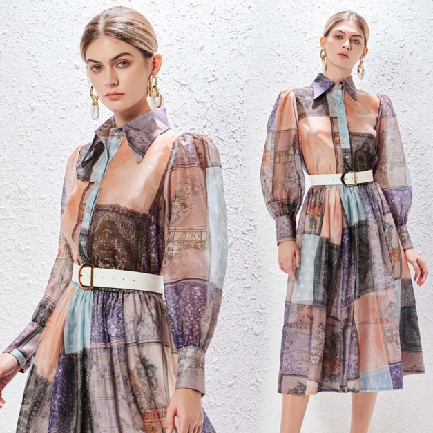 復古印花單排扣襯衫上衣+大擺半身裙套裝配腰帶