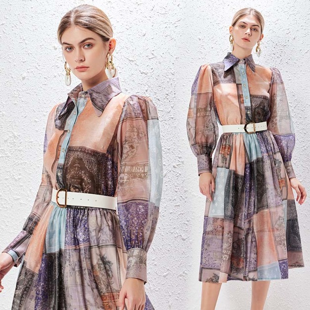 復古印花單排扣襯衫上衣+大擺半身裙套裝配腰帶