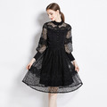 復古立領長袖鏤空蕾絲收腰顯瘦氣質優雅大擺裙_1