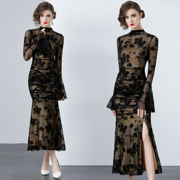 喇叭袖植絨洋裝高貴時尚輕熟性感魚尾裙禮服