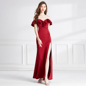 一字肩荷葉邊抹胸洋裝氣質包臀禮服裙長裙