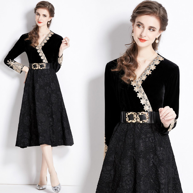 赫本風絲絨高級感收腰顯瘦拼接黑裙子