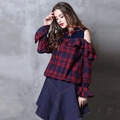 荷葉邊立領小衫復古格紋露肩長袖襯衫
