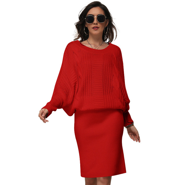 歐美大碼寬鬆蝙蝠袖毛衣長版套頭洋裝