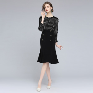 法式時尚高腰氣質顯瘦修身點點波小黑裙洋裝