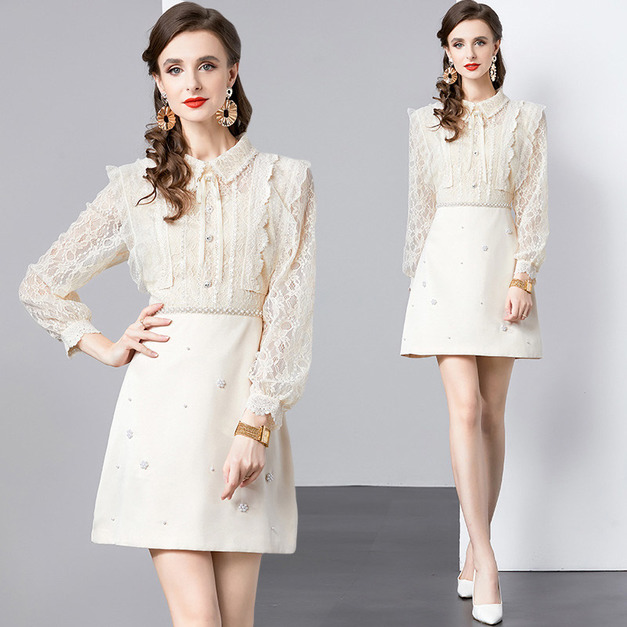 氣質立領鑲鑽釘珠刺繡收腰顯瘦燈籠a字洋裝