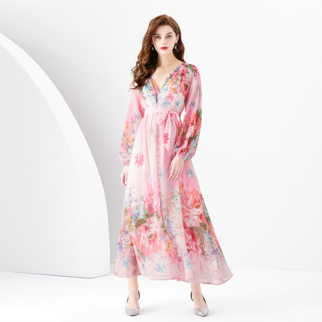 度假風V領燈籠袖波浪邊彩繪迷你印花洋裝兩件式