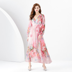 度假風V領燈籠袖波浪邊彩繪迷你印花洋裝兩件式