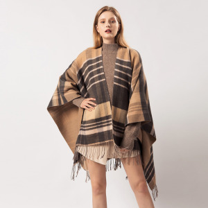 格子流蘇仿羊絨百搭特厚保暖披肩歐美時尚斗篷