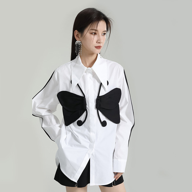 設計感小眾重工立體蝴蝶單排寬鬆襯衫撞擊色顯瘦上衣