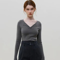 法式長袖修身針織上衣氣質V領打底衫