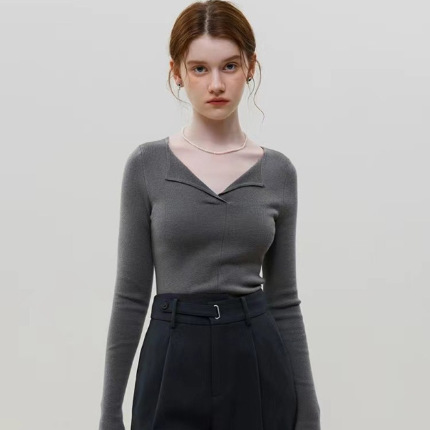 法式長袖修身針織上衣氣質V領打底衫
