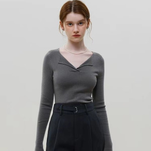 法式長袖修身針織上衣氣質V領打底衫