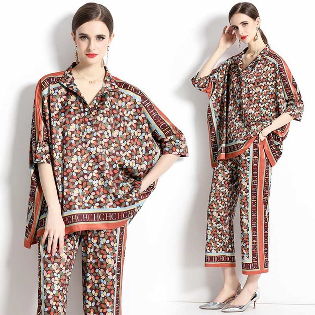 歐洲時尚寬鬆大輪廓襯衫+定位印花寬褲套裝