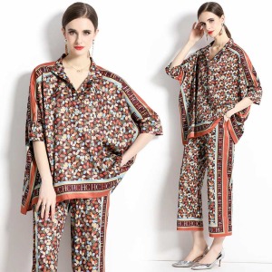 歐洲時尚寬鬆大輪廓襯衫+定位印花寬褲套裝