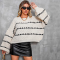 條紋圓領套頭粗針毛衣寬鬆慵懶風針織衫外穿上衣_1