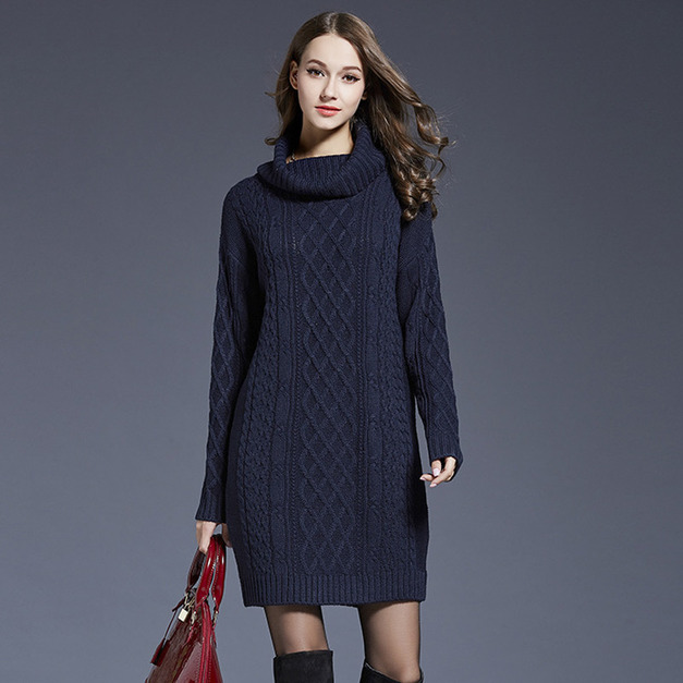 歐美大尺碼針織衫洋裝長版高領毛衣
