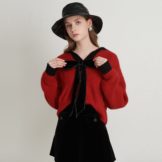 V領絲絨蝴蝶結麻花蝙蝠袖針織衫拼接寬鬆長袖毛衣