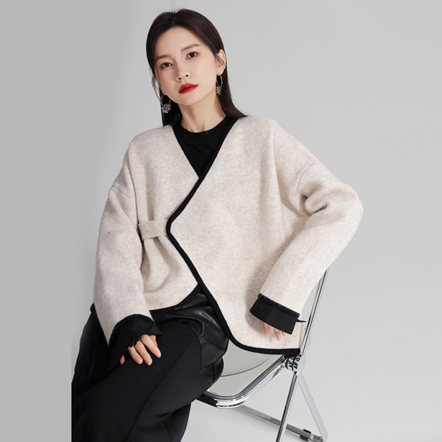 小眾設計V領交叉繫帶毛衣外套撞色邊針織開襟衫