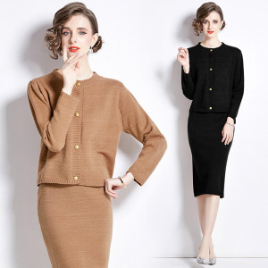 時尚休閒復古長袖針織衫+半身裙兩件式套裝