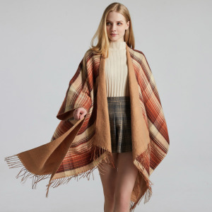 經典彩色格子披肩斗篷仿羊絨流蘇加厚保暖開叉披肩