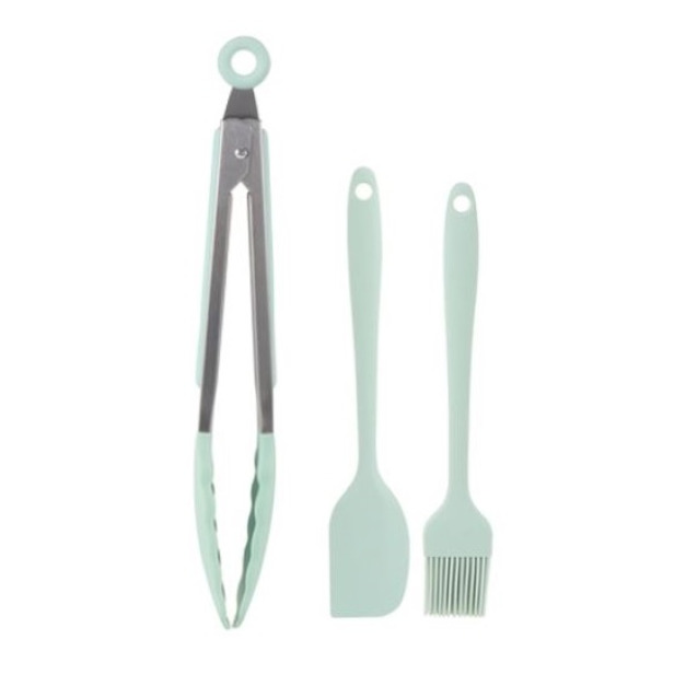料理三件組（矽膠刷 + 矽膠鏟 + 矽膠夾）莫蘭迪綠