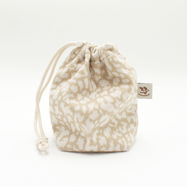 豹紋針織束口袋-米色