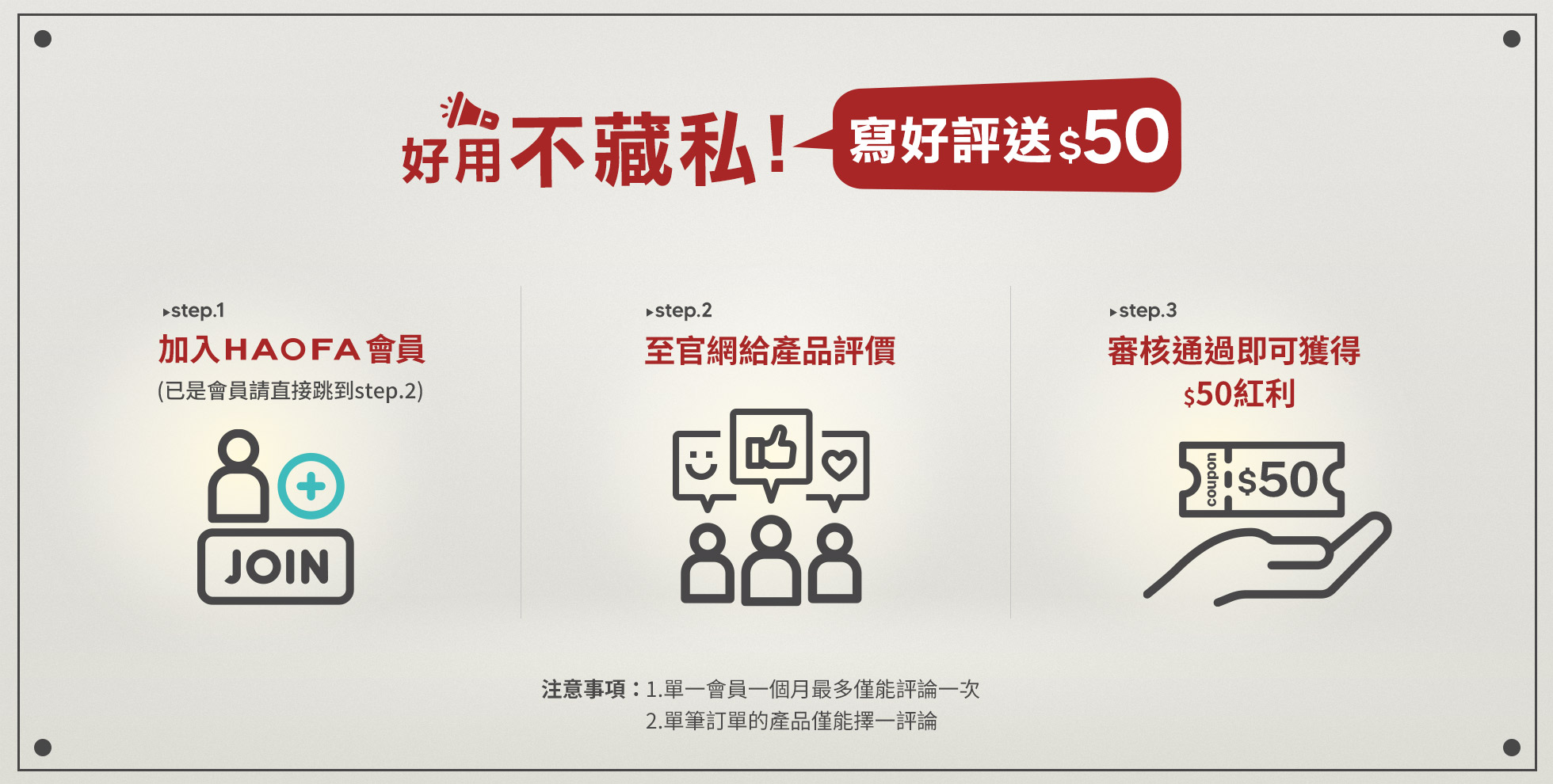 HAOFA 寫產品評價獲得50元紅利點數