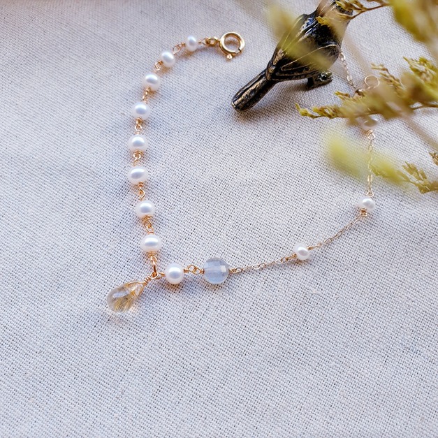 ｜14kgf輕珠寶｜天然金髮晶.光譜石珍珠手鍊