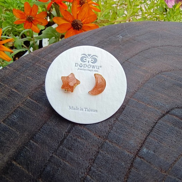 ｜14kgf輕珠寶｜天然金太陽星月包框針式/夾式耳環
