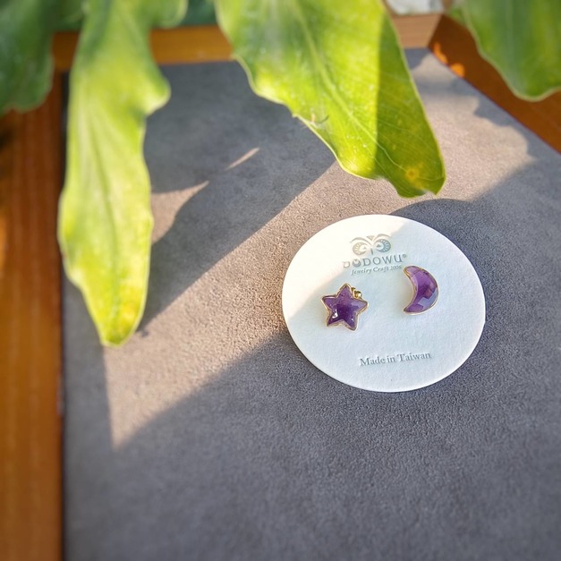 ｜14kgf輕珠寶｜天然紫水晶星月包框針式/夾式耳環