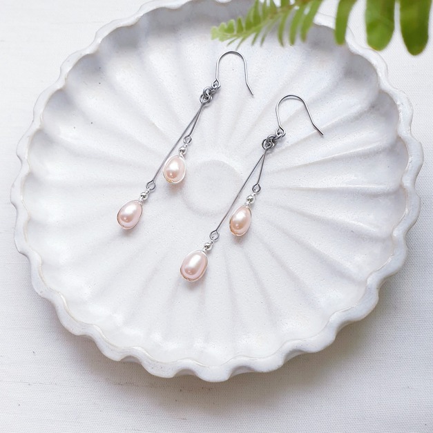 ｜天然淡水珍珠｜人字包框長短耳環/耳夾