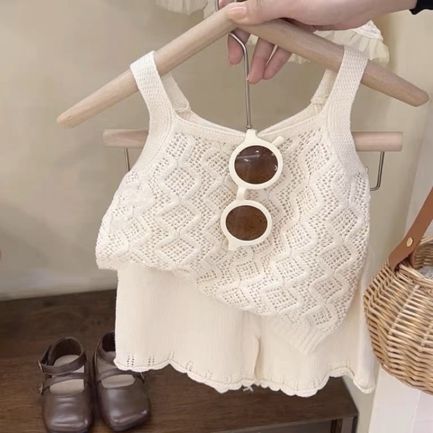 韓系粉嫩色系針織鏤空背心套裝-米白80,90,100 粉90 黃90