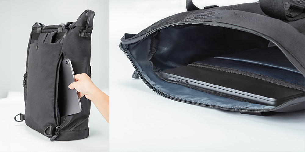 磁瞬快取雙肩托特包，內建筆電夾層，並有側邊直達主袋的開口，隨時取物不再手忙腳亂。