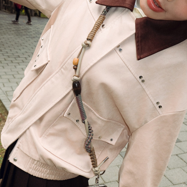 Adjust Strap 可調式皮革混傘繩背繩（卡其深咖墨綠木珠）