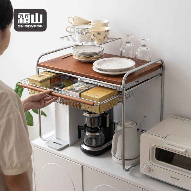 【日本霜山】桌上型復古風木質微波爐電器置物架(附抽屜)-DIY