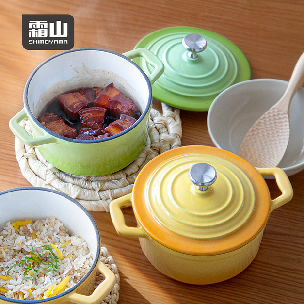 【日本霜山】漸層色雙耳琺瑯鑄鐵鍋(附蓋)-14cm-多色可選