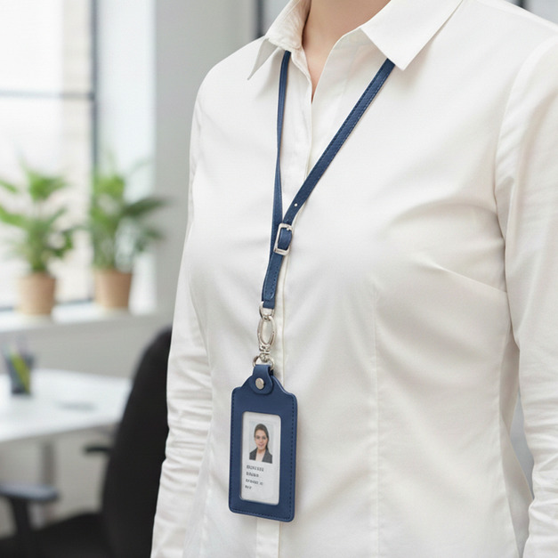 Navy Blue 手工真皮識別證套 (免費客製化刻印英文名/禮盒包裝)