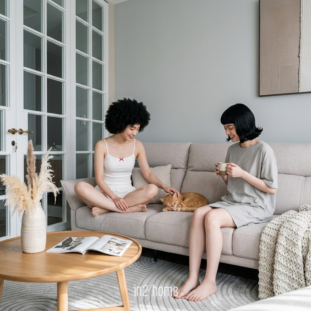 in2 home 棉棉沙發生活場景:貓也一起窩上來,耐抓布不怕勾