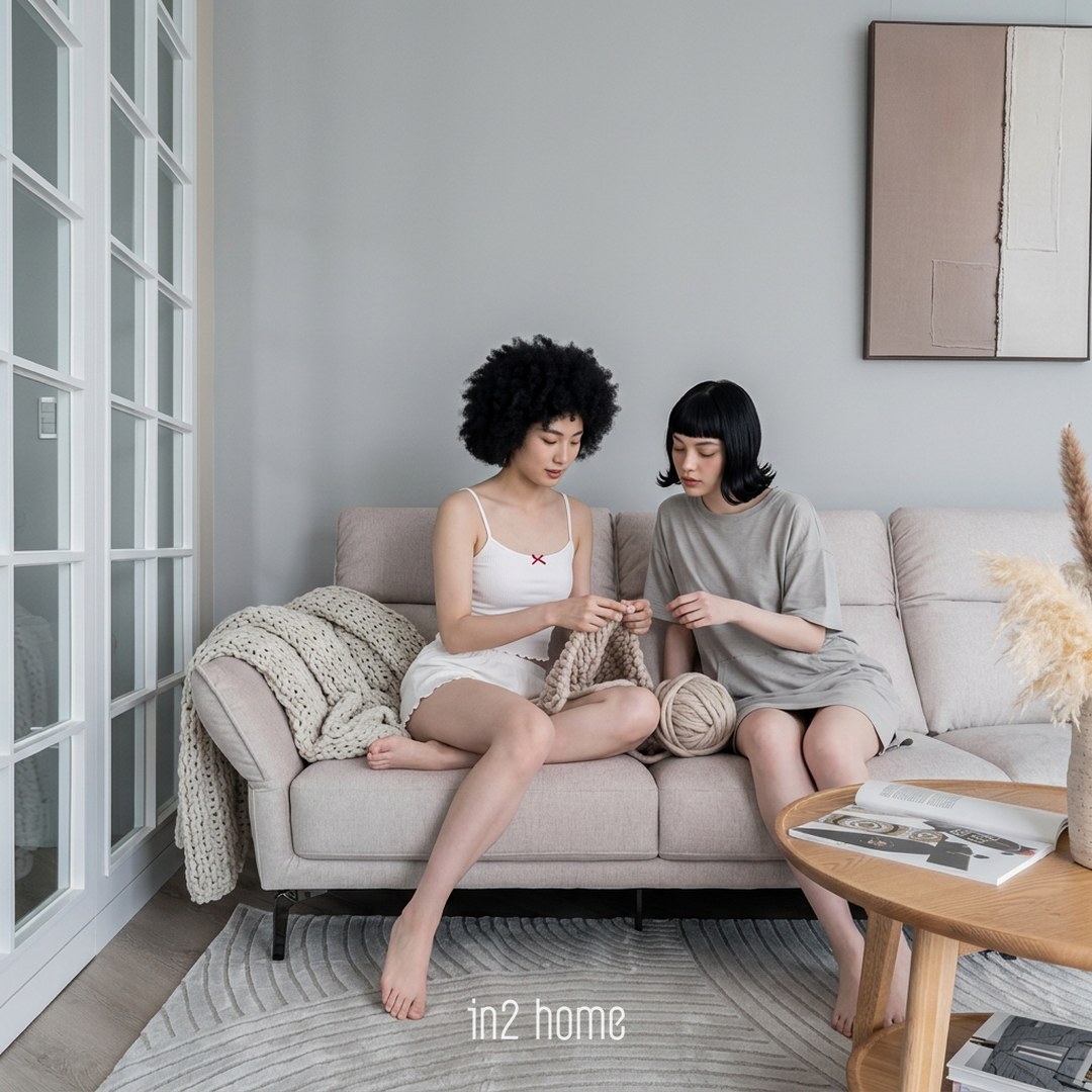 in2 home 棉棉沙發生活場景:教朋友編織,毯子掛在翼形扶手上