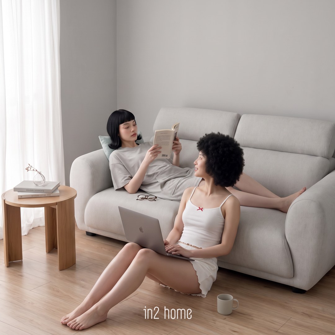 in2 home 大福沙發生活場景:一個躺扶手看書,一個靠著座墊打字