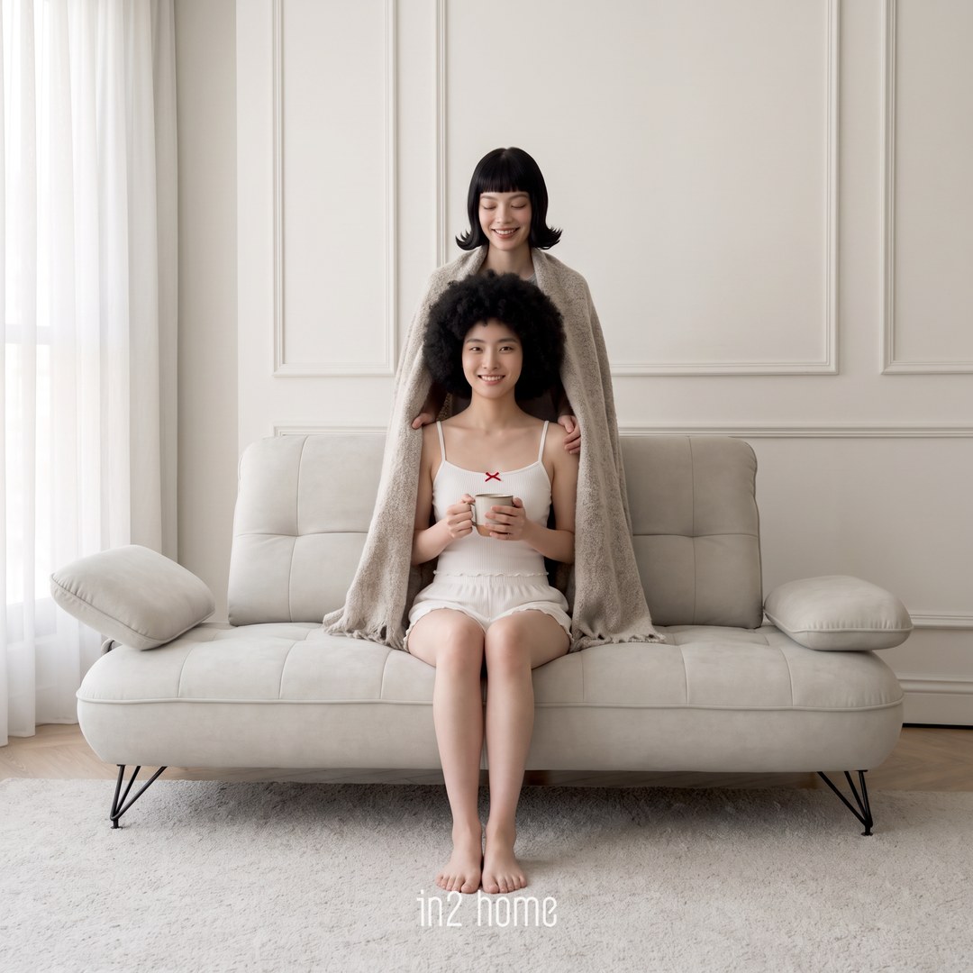 in2 home 甜甜圈沙發生活場景:披上毯子,一杯熱可可