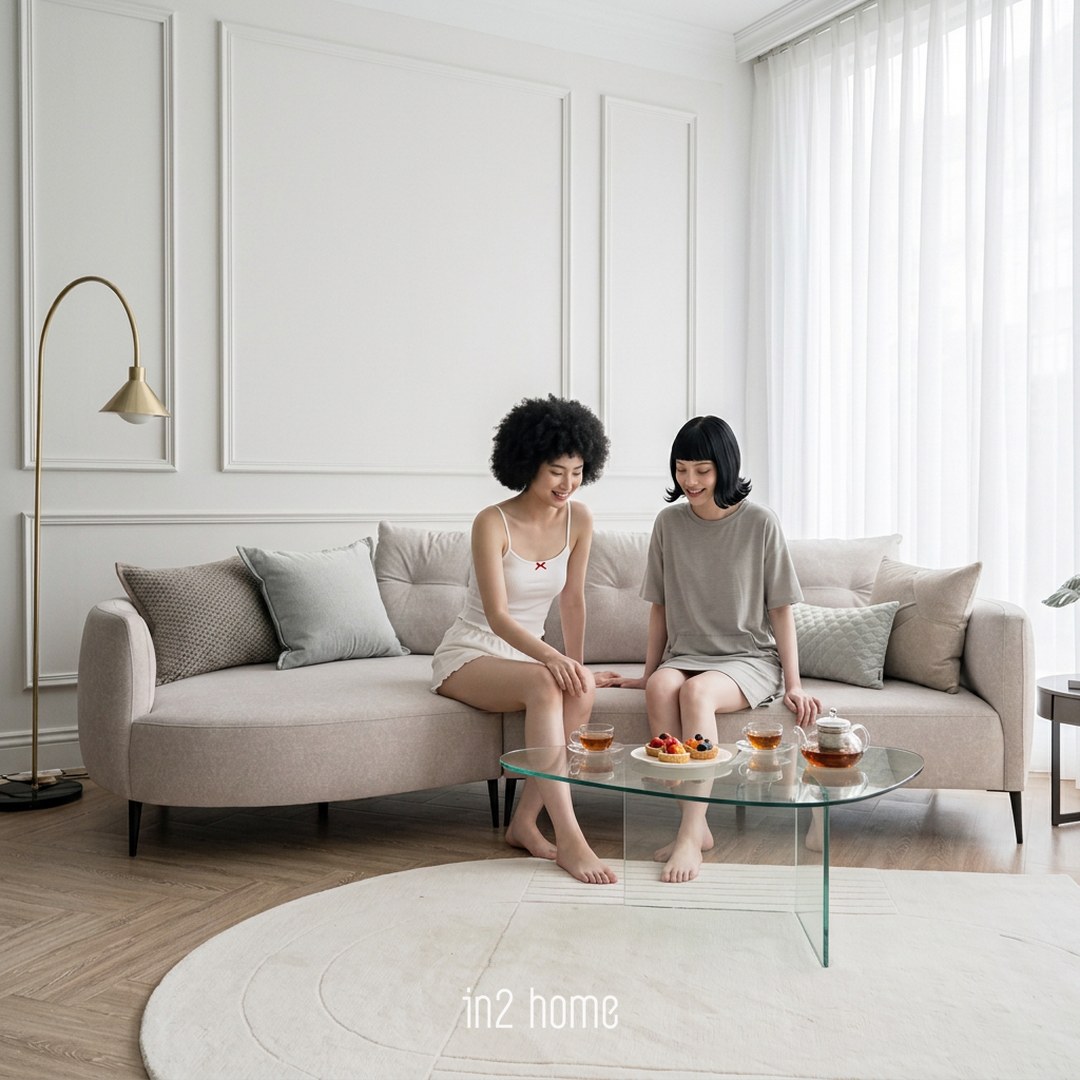 in2 home 水滴沙發生活場景:下午茶就擺在玻璃茶几上