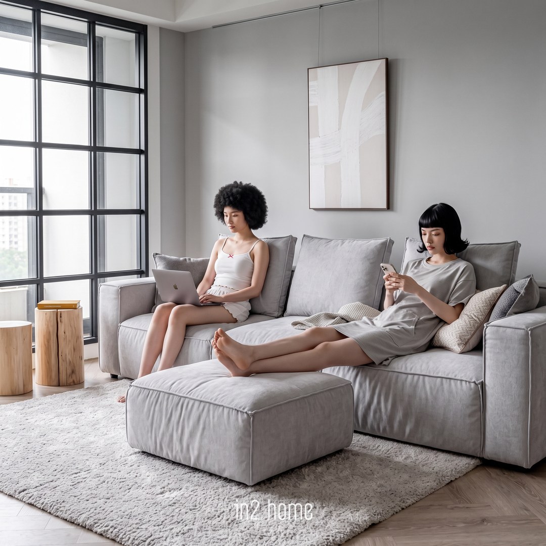 in2 home 格雷沙發生活場景:座深夠,腿伸上腳椅各做各的事